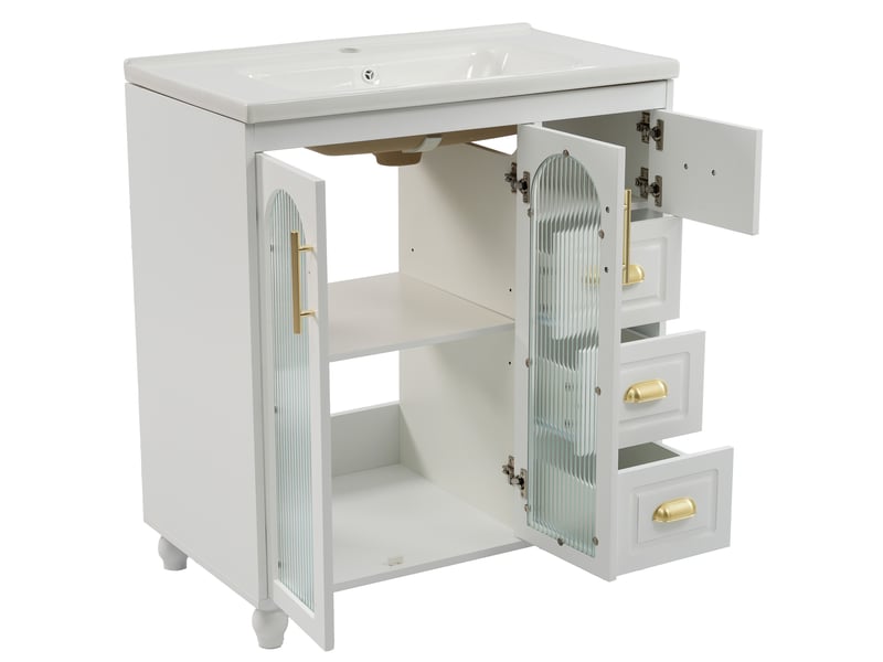 Meuble de salle de bains avec vasque 80x47x90 cm, 3 portes et 3 tiroirs, mdf, blanc - Conforama D