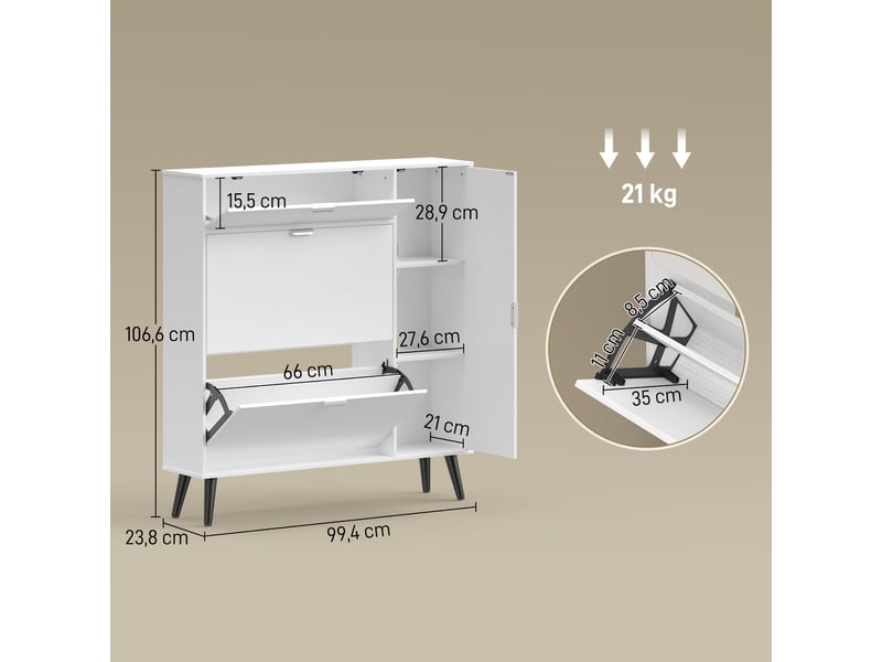 Meuble à chaussures étroit blanc, 2 abattants effet cuir litchi, étagères réglables - Conforama E