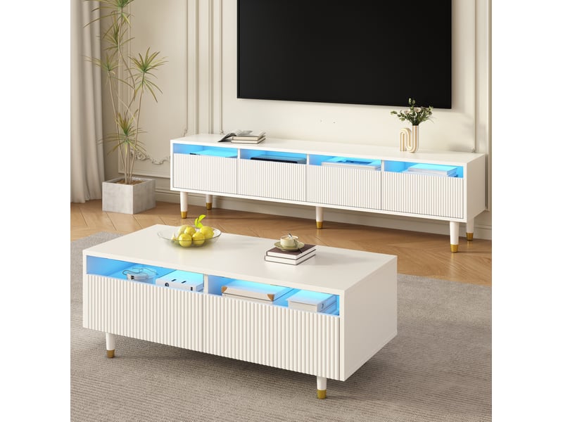  Ensemble meuble tv et table basse modenvie led 7 couleurs 178 x 35 x 45 cm et 110 x 50 x 40 cm mdf blanc et doré  - Conforama B