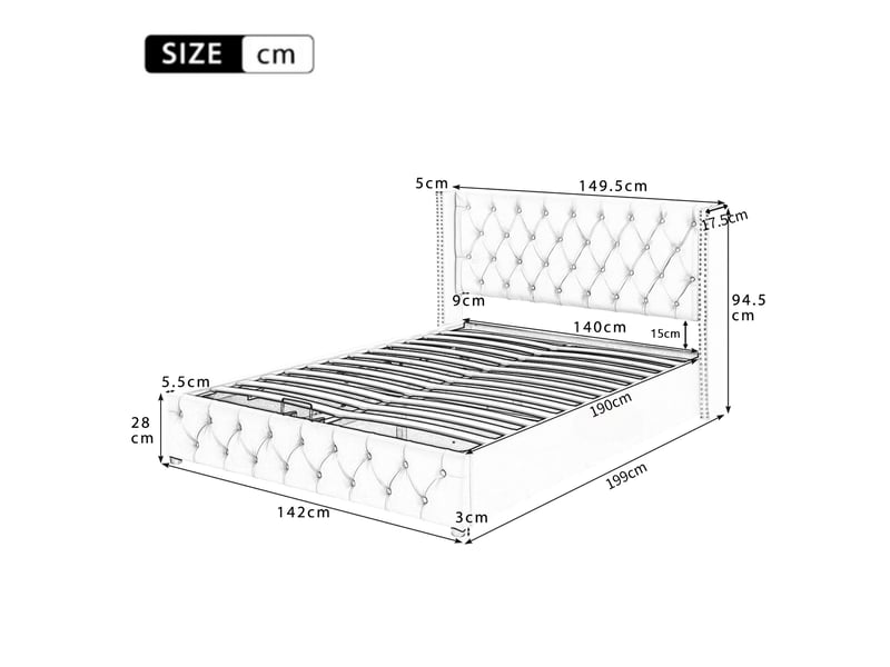  Lit coffre rembourré 140x190 cm avec rangement hydraulique, lit double en velours avec tête de lit à oreilles, capitonnage et doubles clous, beige OPULERANE TRADING LTD - Conforama C