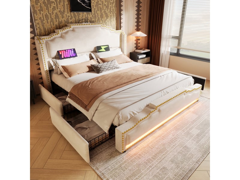  Lit avec tiroirs double 160×200 cm, 4 tiroirs, led, usb et type-c - okmyhome- velours beige, matelas inclus  - Conforama C