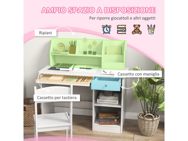 Bureau enfant avec chaise blanc 90 x 45 x 90 cm, rangements et tablette coulissante - Conforama R