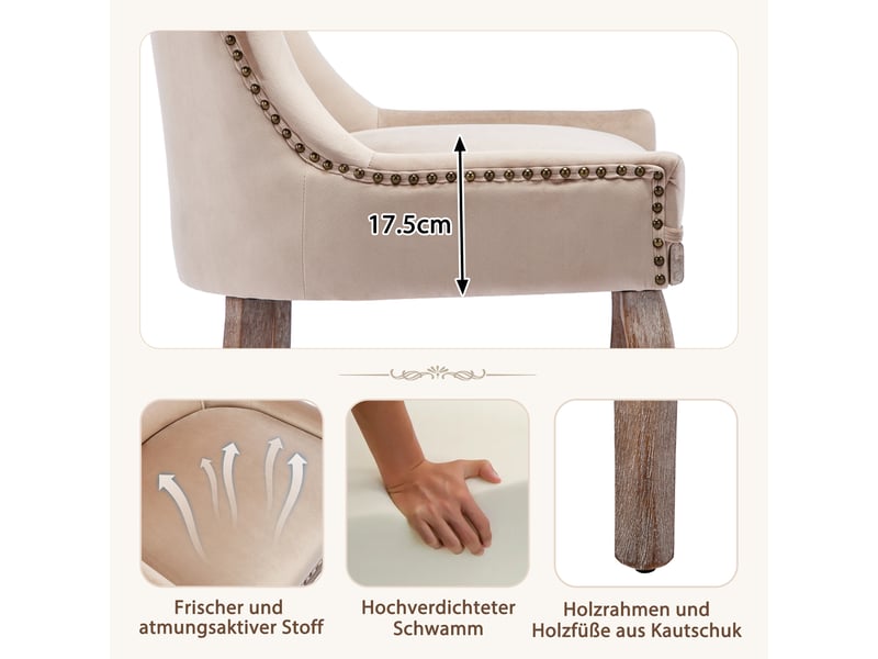  Lot de 4 chaises de salle à manger,avec clous décoratifs,velours,beige  - Conforama E
