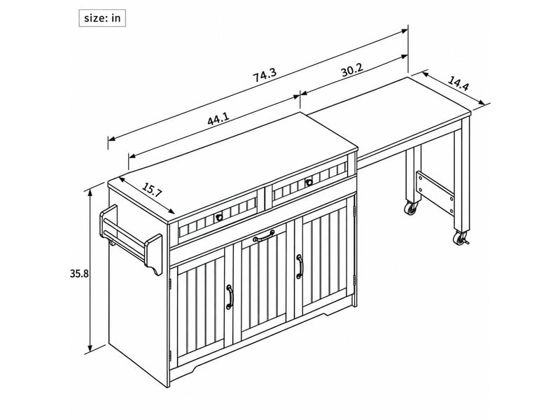  Desserte de cuisine avec 2 tiroirs, 2 portes, table coulissante et rangement pour poubelle, en mdf noir et naturel  - Conforama C