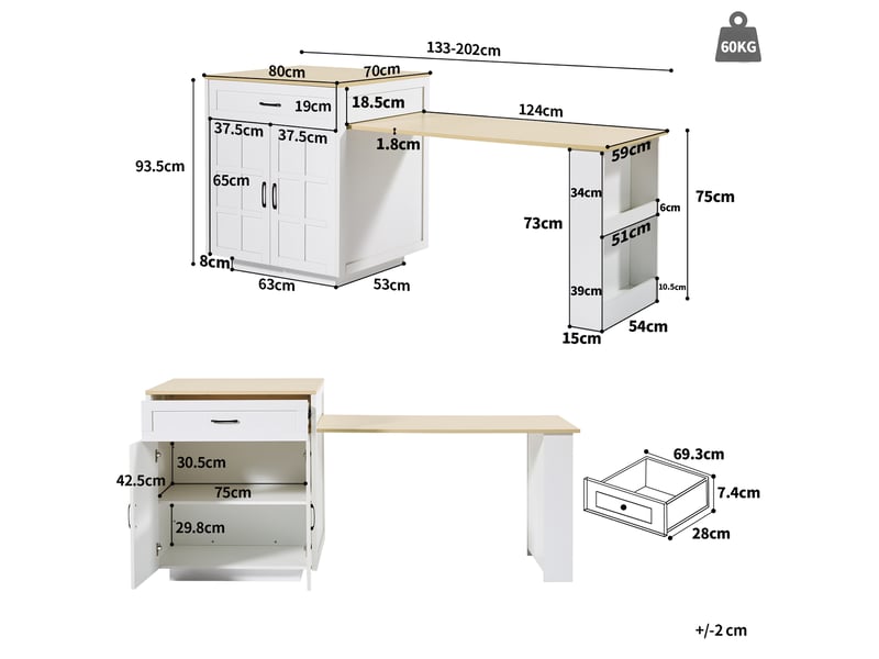 Table de bar extensible avec rangement et étagères latérales - lpospi - 1 tiroir, 4 niches, mdf blanc - Conforama D