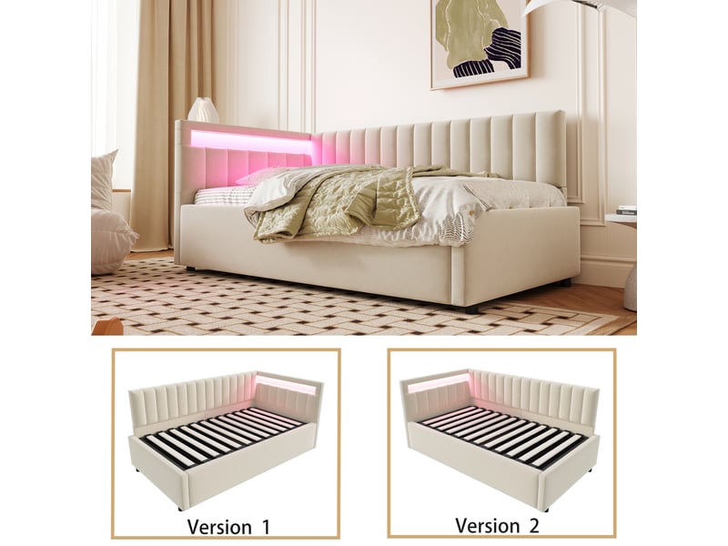  Lit coffre 90x200 cm avec led multicolore, velours, beige, sans matelas  - Conforama D