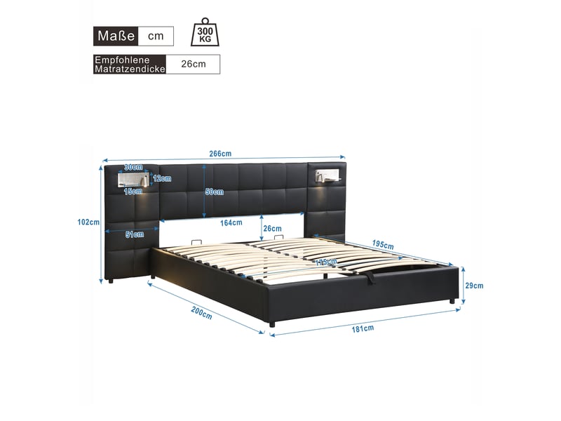  Lit rembourré 180 x 200 cm, lit hydraulique, avec port usb, chargeur sans fil et lampe d'éclairage, avec espace de rangement, pour adultes et adolescents, sommier à lattes en bois, montage facile, pu, noir  - Conforama C