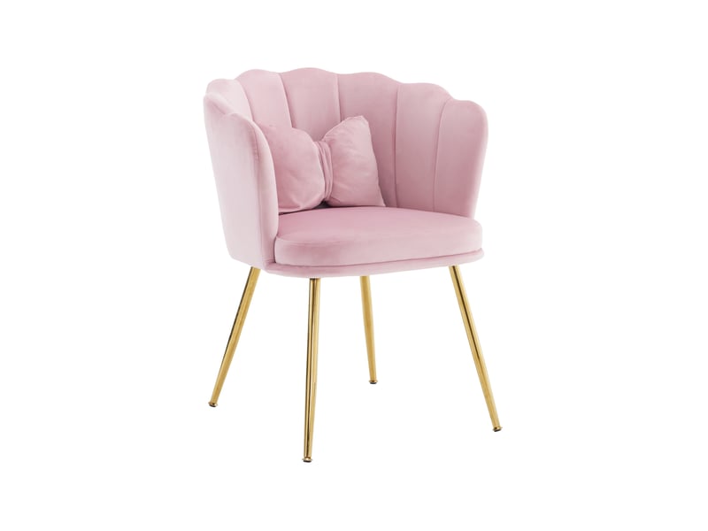  Fauteuil de salon 63x58x77 cm rose en velours, dossier pétales, pieds métal doré et coussin papillon  - Conforama A