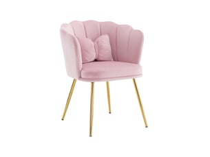 Fauteuil de salon 63x58x77 cm rose en velours, dossier pétales, pieds métal doré et coussin papillon