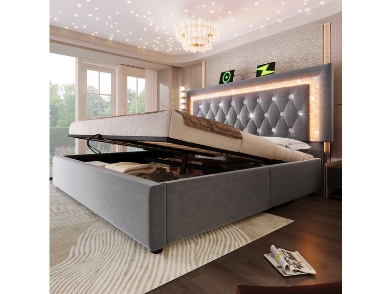  Modenvie lit coffre 140x200 cm - led intégrée, ports usb-c et rangement hydraulique, matelas inclus - gris  - Conforama D