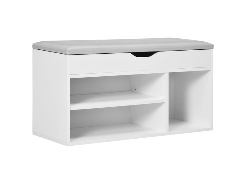  Meuble chaussures banc à chaussures 2 niveaux rangement, niche + coffre intégré avec coussin blanc  - Conforama A