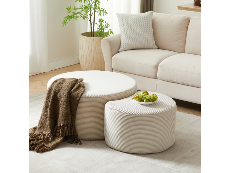 Table basse rondes 2 pièces 127x81x40 cm style moderne, gain de place multifonction assise sans montage tissu beige - Conforama B