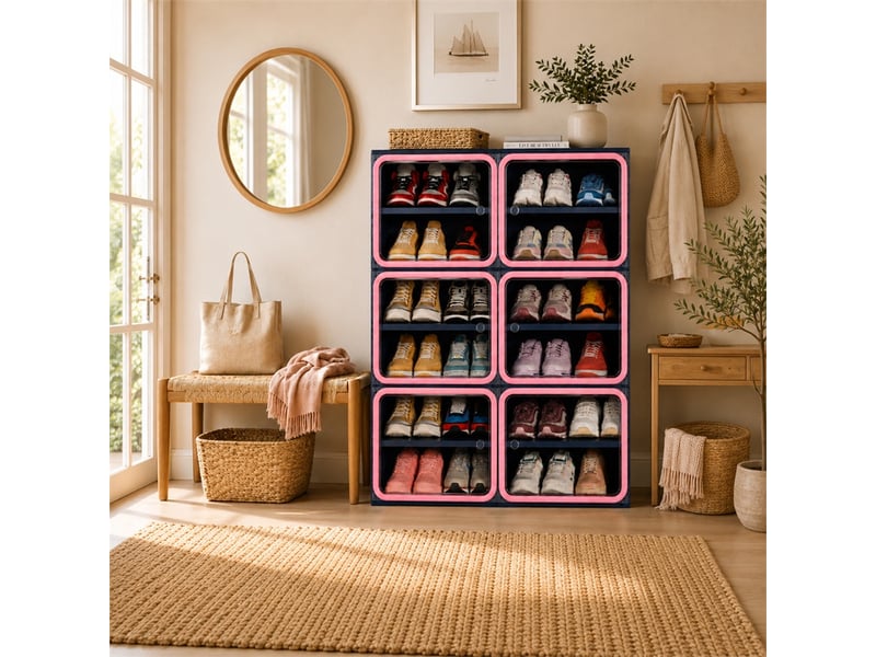  Meuble à chaussures 85x33.5x104.3cm - étagère pliable 2 colonnes 6 niveaux - meuble de rangement en plastique - bleu et rose  - Conforama D