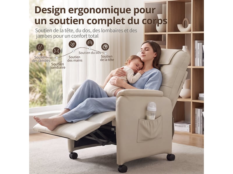  Fauteuil de massage électrique, fauteuil détente pour télévision avec fonction massage et chaleur, 4 roues, blanc crème  - Conforama D