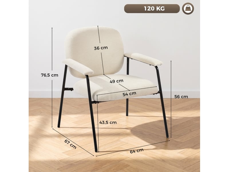  Fauteuil lot de 2 en chenille avec accoudoirs rembourrés et dossier, structure métallique, polyester crème et noir  - Conforama C