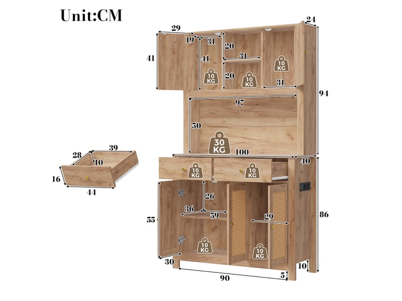  Buffet de cuisine 100x40x180 cm avec led, prises et portes en rotin coloris naturel  - Conforama C