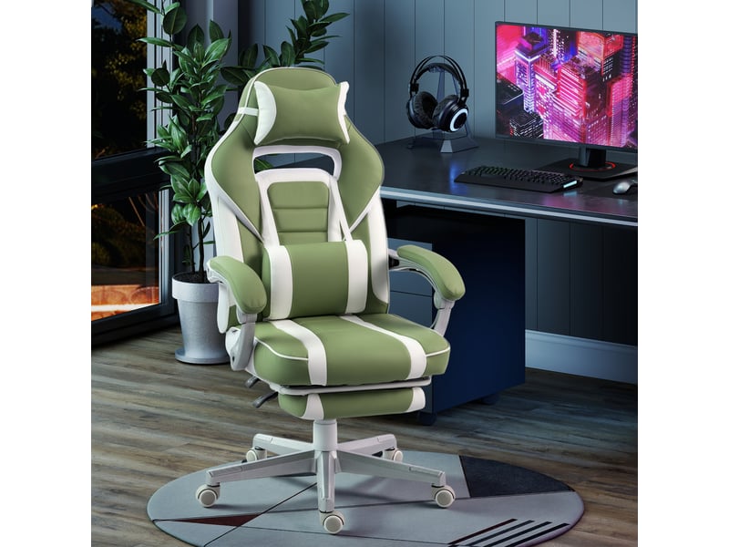  Fauteuil de jeu inclinable avec hauteur réglable, repose-pieds rétractable, soutien lombaire et appui-tête amovible - vert  - Conforama C