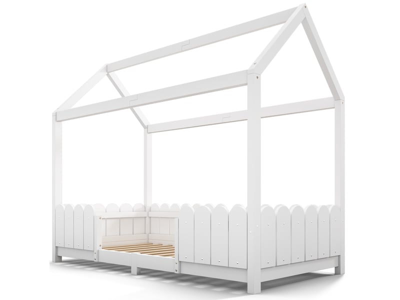  Lit cabane enfant 90 x 200 cm blanc, bois de pin et mdf avec barrière de sécurité et sommier à lattes  - Conforama D