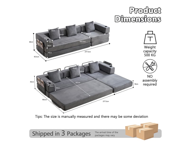  Canapé convertible, canapé-lit, gris foncé, poches latérales, porte-gobelets, pour salon, en velours tricoté, chambre  - Conforama C