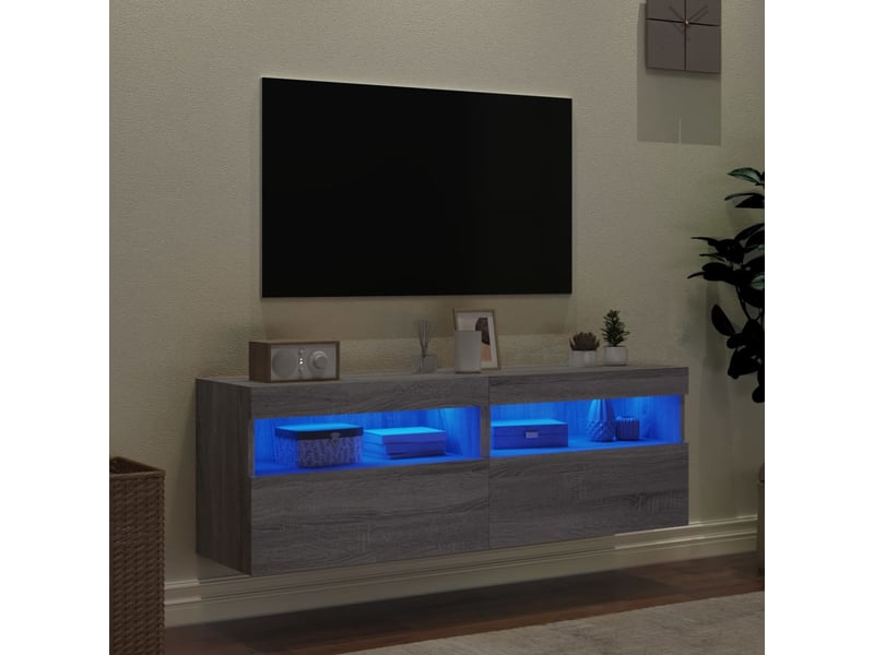 Lot de 2 meuble tv mural avec lumières led sonoma gris 60x30x40 cm - Conforama D