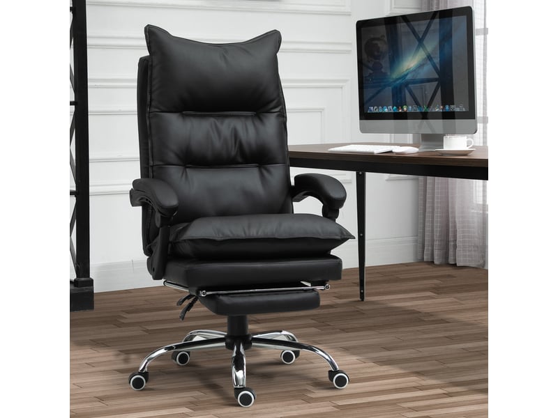  Chaise de bureau ergonomique avec accoudoirs, repose-pieds, pivotante et réglable en hauteur, revêtue de similicuir, noire.  - Conforama D