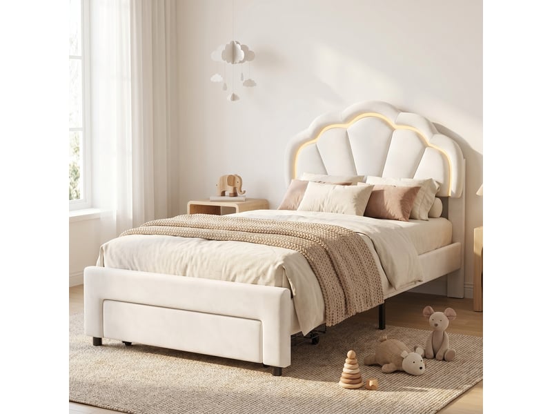 Lit simple 90x200 cm, lit enfant avec led rgb et tiroir de rangement, tête de lit coquillage réglable et sommier, velours, blanc - Conforama D