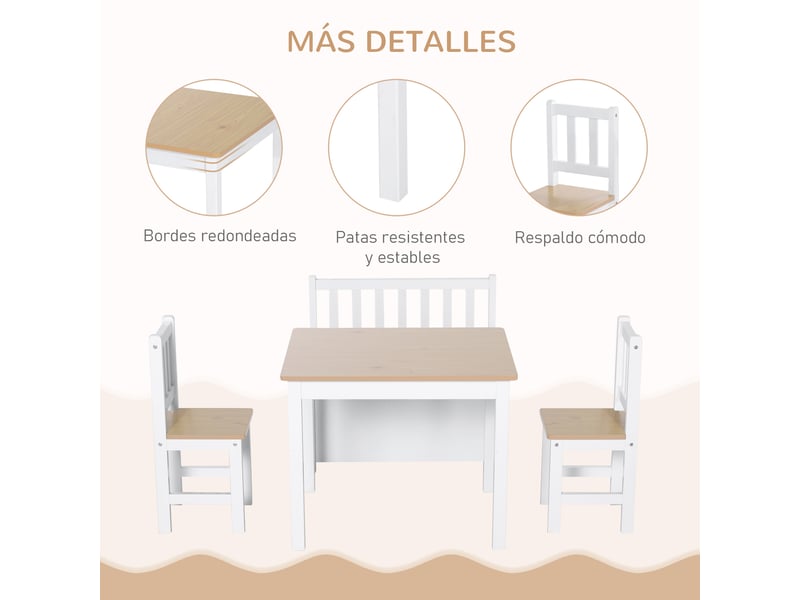  Ensemble table et chaises enfant 4 pièces blanc et naturel avec banc de rangement  - Conforama W