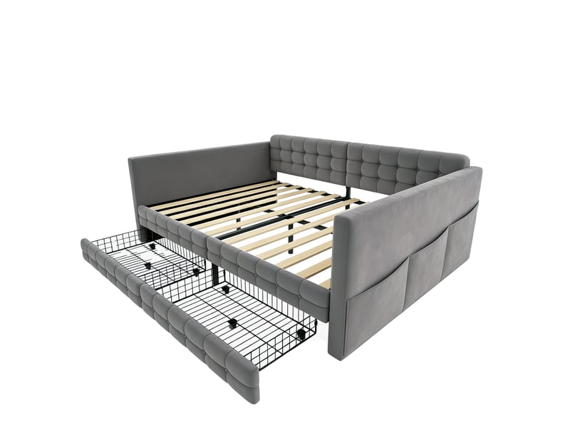  Lit banquette 140 × 190 cm, velours capitonné, 2 tiroirs, poches latérales, sommier à lattes, gris, avec rangement  - Conforama E
