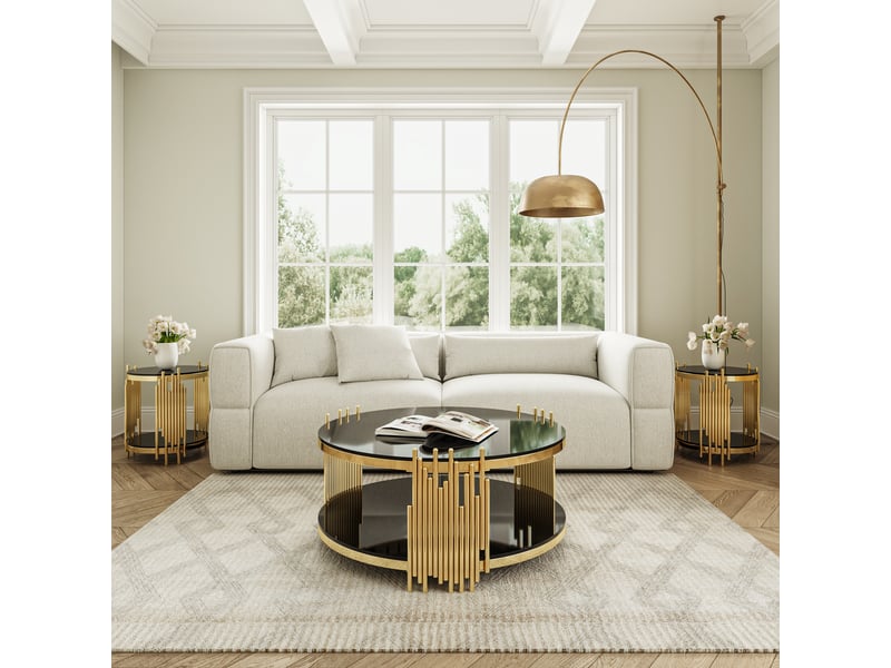  Table basse moderne en verre noir, table de salon luxueuse avec double plateau en verre, table basse ronde avec piètement en acier doré, table d'appoint avec plateau rond en verre, table centrale pour salonmaisonbureau  - Conforama C