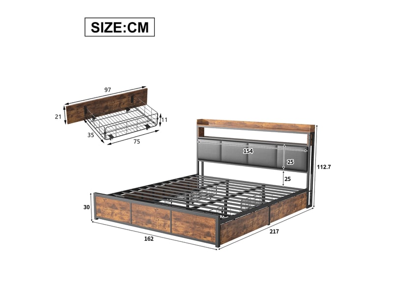  Lit double 160x200 cm avec 4 tiroirs et led, lit adulte avec cadre en métal, style industriel, noir  - Conforama E