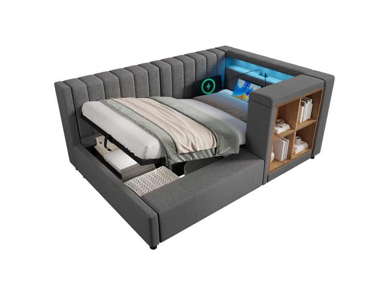  Canapé-lit 90x190cm - avec éclairage led et port de charge usbtype-c - tissu en lin - installation à gauchedroite - gris (matelas non inclus)  - Conforama A