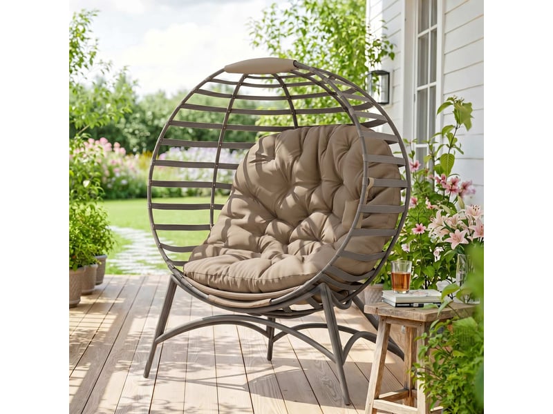  Fauteuil papasan, chaise de jardin, fauteuil en osier avec coussin, fauteuil lounge ovale, pliable, 118 x 77 x 139 cm  - Conforama D