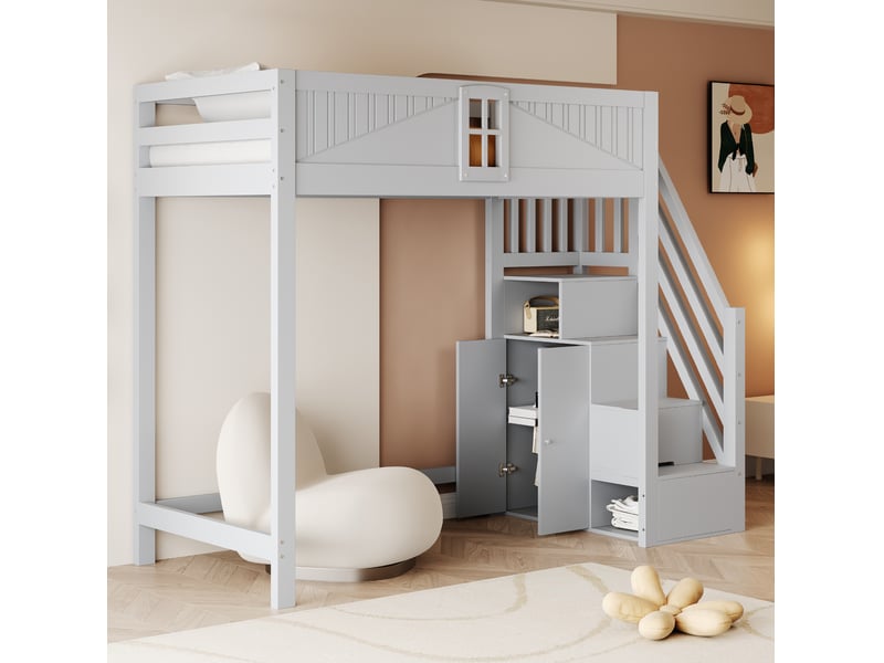 Lit mezzanine 90 x 200 cm avec escalier réversible et rangements, gris - Conforama E