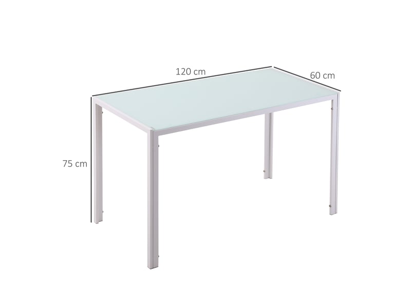 Table à manger pour 4 personnes, table de cuisine avec plateau en verre trempé et pieds en métal, 120x60x75cm, blanc - Conforama E