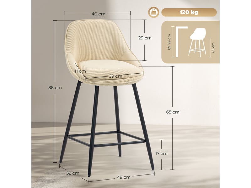  Lot de 2 tabourets de bar en tissu velours côtelé, chaises de bar avec dossier courbé, repose-pieds, 49x52x88cm, beige  - Conforama E