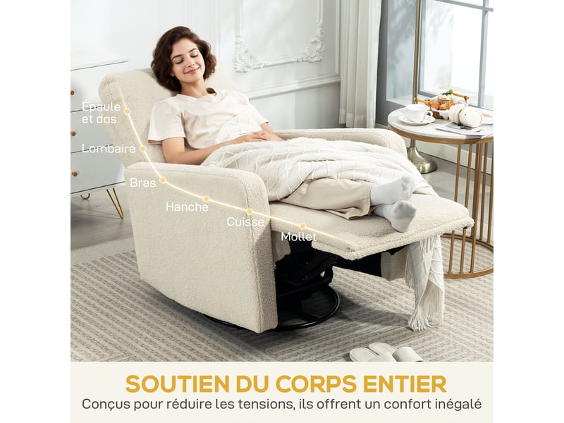  Fauteuil de relaxation inclinable et pivotant en tissu bouclette beige 76x94x100 cm  - Conforama E