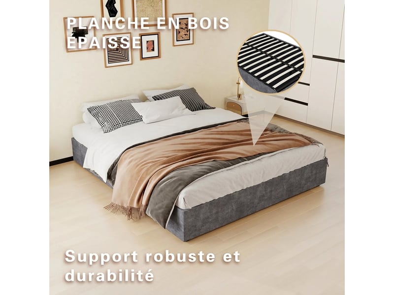  Cadre de lit 160x200 double gris en velours avec mécanisme de levage à gaz - structure robuste  - Conforama R