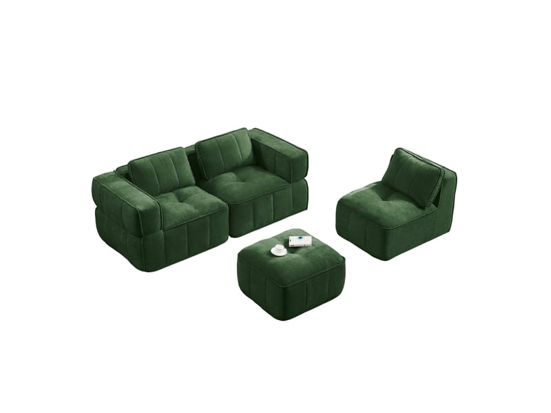  Canapé d'angle modulaire 3 places avec pouf, assise profonde et base antidérapante en polyester vert  - Conforama A