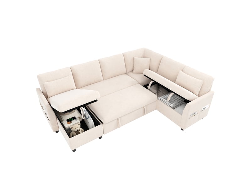  Canapé d’angle convertible tcqpz 6 places 255 x 196 x 85 cm rangement usb type-c beige  - Conforama A