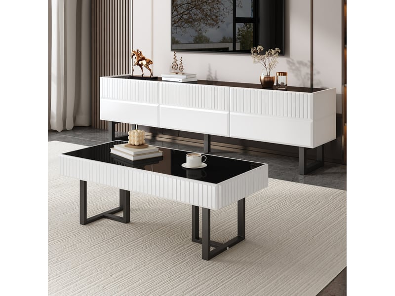  Ensemble meuble tv 170 cm et table basse en mdf et panneaux de particules noir et blanc  - Conforama B