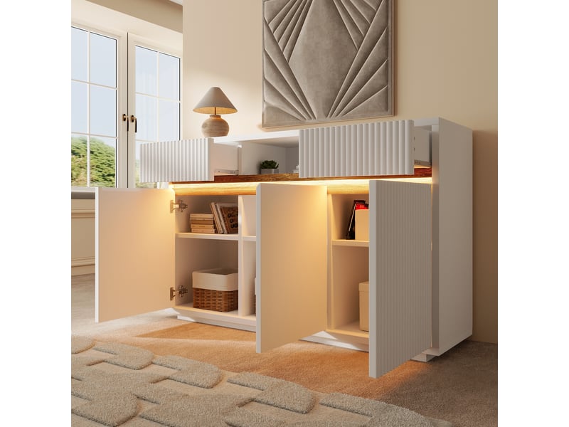 Buffet led 140x40 cm, meuble de rangement avec 3 portes et 2 tiroirs, étagères réglables, commode moderne en mdf - blanc - Conforama C