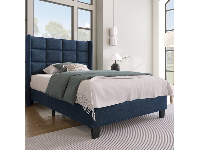  Modenvie lit 1 place 90x200 cm - tête de lit rembourrée en lin, sommier inclus - bleu  - Conforama B
