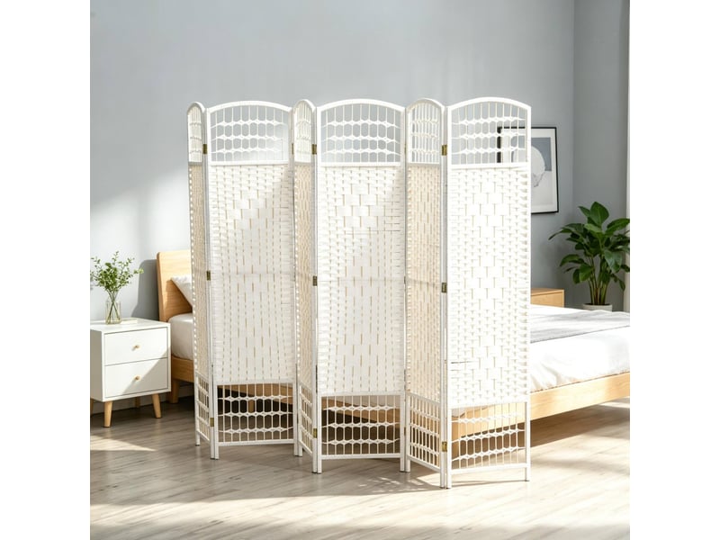  Paravent pliable à 6 panneaux tressés en corde de papier avec cadre en bois blanc intérieur 242 × 170 cm  - Conforama C