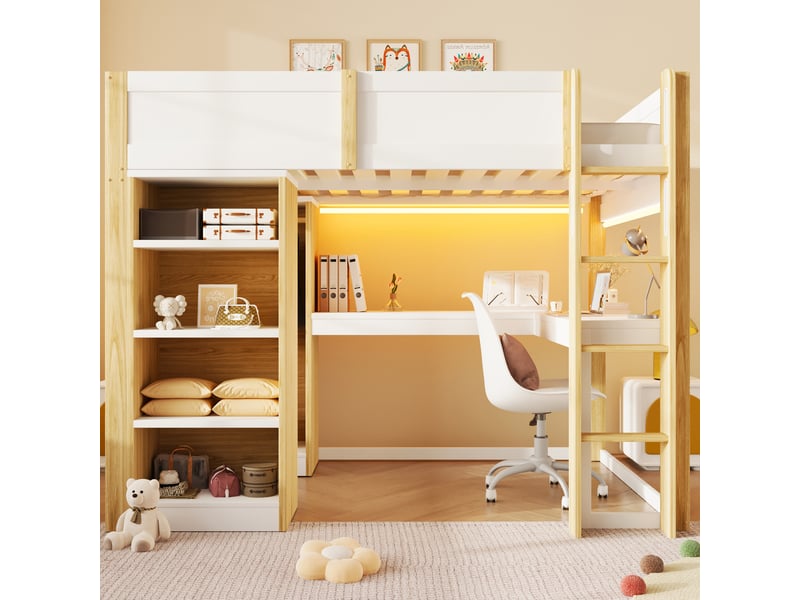 Lit mezzanine 140x200 cm, bureau en l, armoire ouverte, rangements, pin et mdf, blanc et bois naturel, sans matelas - Conforama E