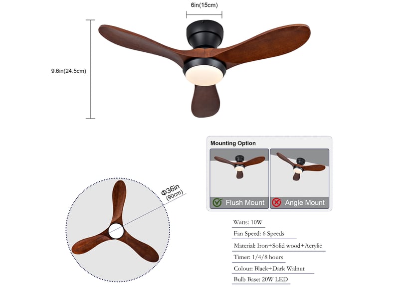 Ventilateur de plafond 90 cm noir et noyer foncé avec led et télécommande - Conforama C