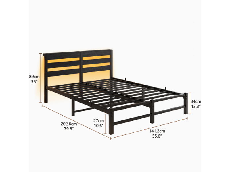 Cadre de lit en métal 140x190 cm, led et usb, rangement sous lit, plateforme robuste, sans matelas ni sommier - Conforama C