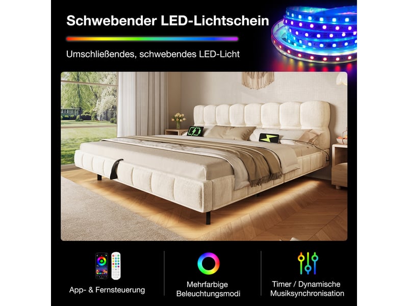  Lit double rembourré effet nuage avec led, rangement hydraulique, beige, 140×190 cm  - Conforama D