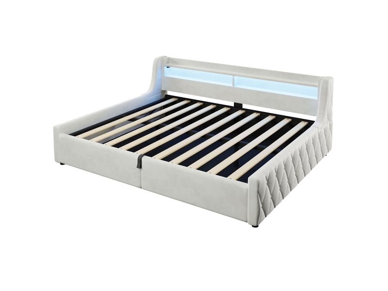  Lit coffre 140 x 200 cm à rangement hydraulique éclairage led revêtement velours coloris beige structure plateforme  - Conforama A