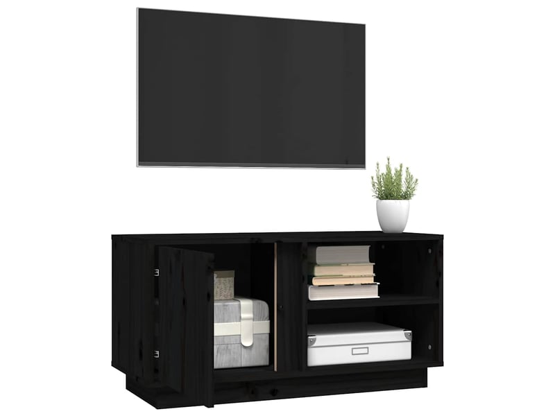  Meuble tv - banc tv - meuble de rangement noir 80x35x40,5 cm bois de pin massif  - Conforama E