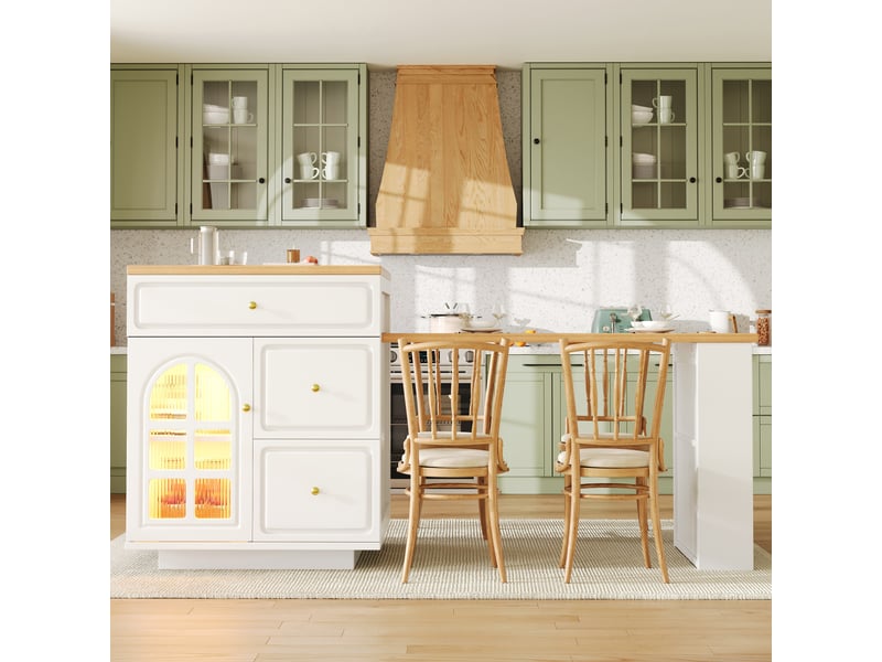 Îlot polyvalent pour cuisine extensible avec vitrine en verre et éclairage led rgb, longueur réglable 122,5-195,5 cm, couleur blanche. - Conforama D